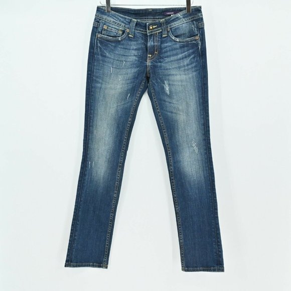 VIGOSS Women's Sz 28 5/6 Dark Wash Straight Leg Bootcut Jeans Flap Pockets - Picture 2 of 11